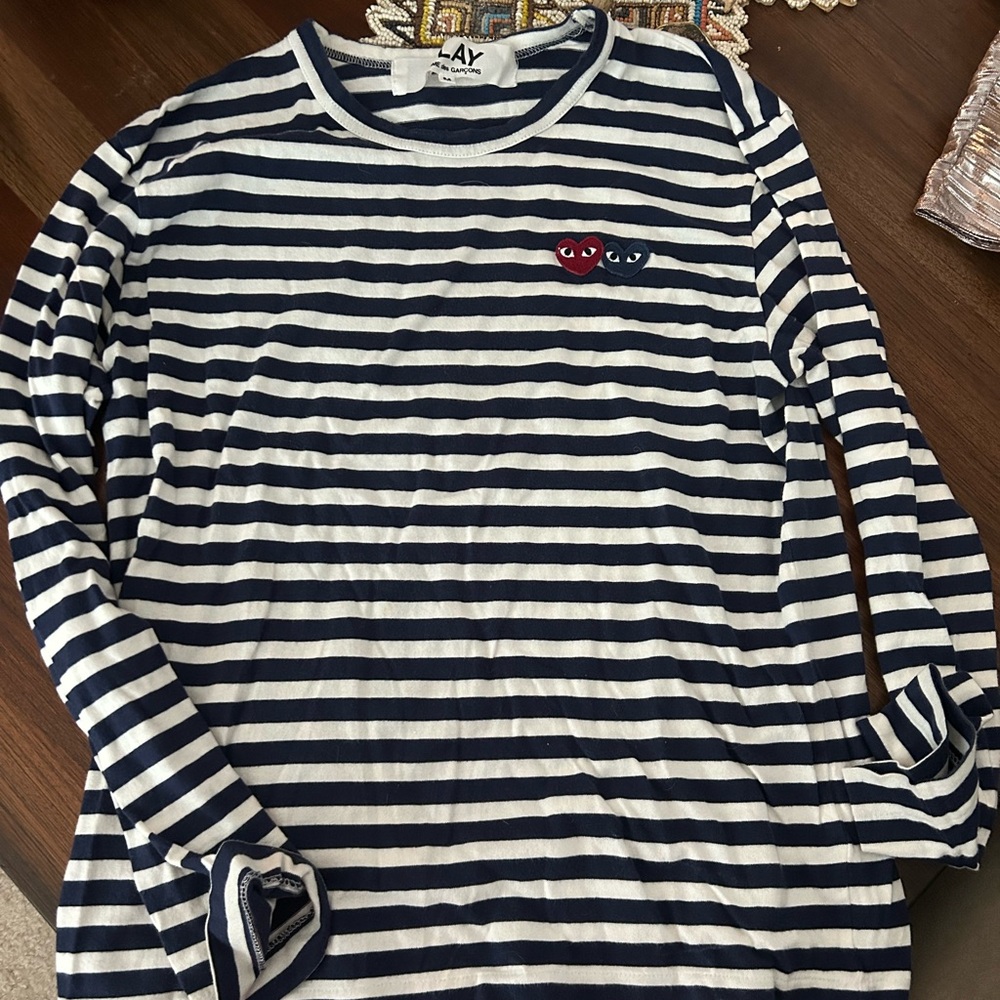 Comme Des Garçons Play Heart Appliquéd Blue Striped T-shirt Medium